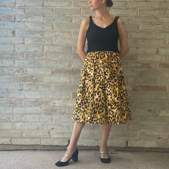 St. John Skirt Leopard Print Pleated Drop Waist Orange Black Cotton Silk Midi - Picture 7 of 16